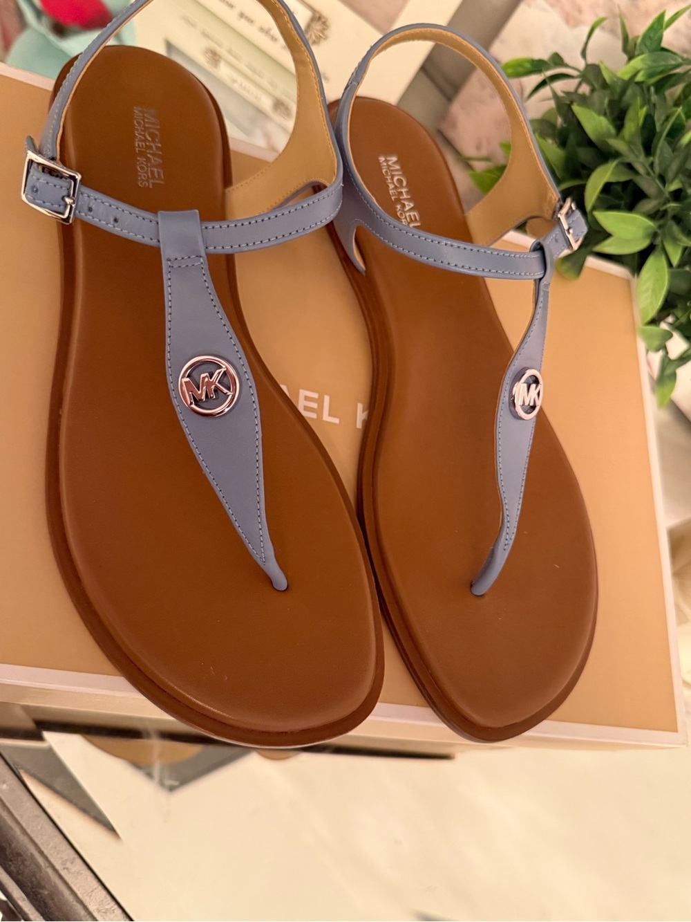 MICHAEL Michael Kors Light Blue Leather T-Strap Sandals